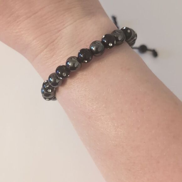 755 Black Rhinestones‎ Hematite Beaded Adjustable Slider Bracelet - Picture 1 of 4